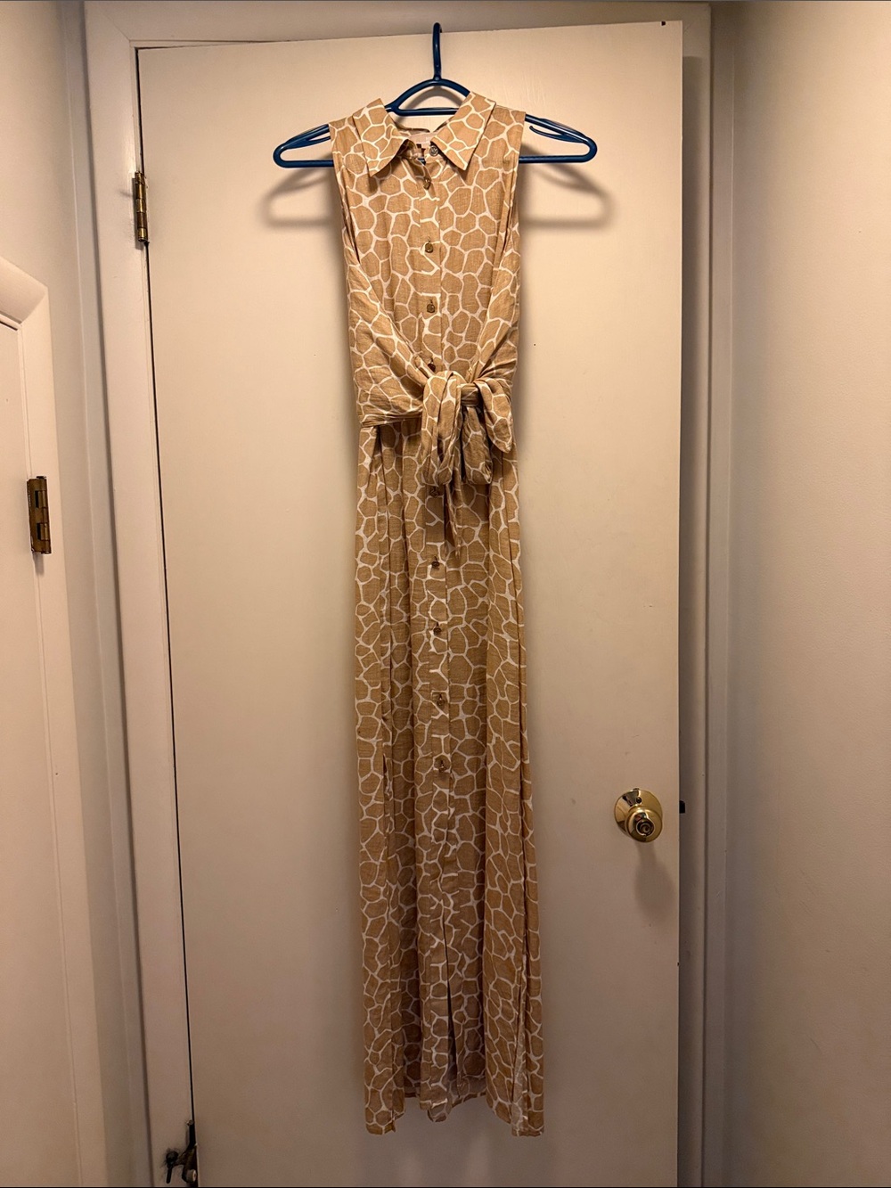 Michael Kors Sleeveless Giraffe-Print Maxi Dress in Tan and White